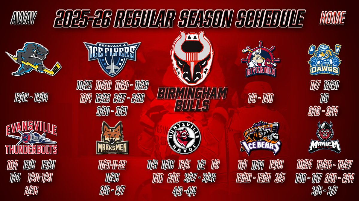 ShotgunAlabama's tweet photo. The @BullsBirmingham released their 2025-26 regular season schedule today! Who is ready for this?!
#IsItOctoberYet #SPHL #KickIce #BULLieve https://t.co/WKG8thhSAg