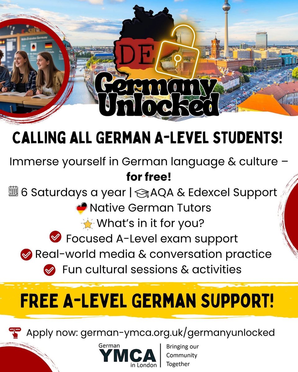 This may be of interest for #Y12 and #Y13 students. Deadline 15th August. More info in link: german-ymca.org.uk/germanyunlocked

#ALevelGerman #KS5German #AQAGerman