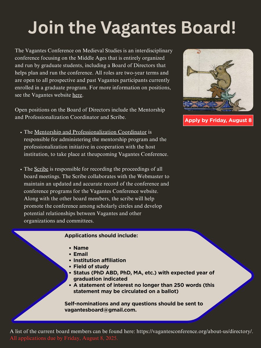 REMINDER: UPCOMING DEADLINE 

Consider applying for one of two open positions on the Vagantes Board of Directors! 

Applications are due next week, 8 August 2025. See below for details, or visit vagantesconference.org/board-member-v….