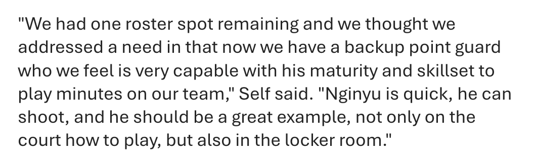 Here's what #kubball coach Bill Self had to say about signing Nginyu Ngala, per a KU release: