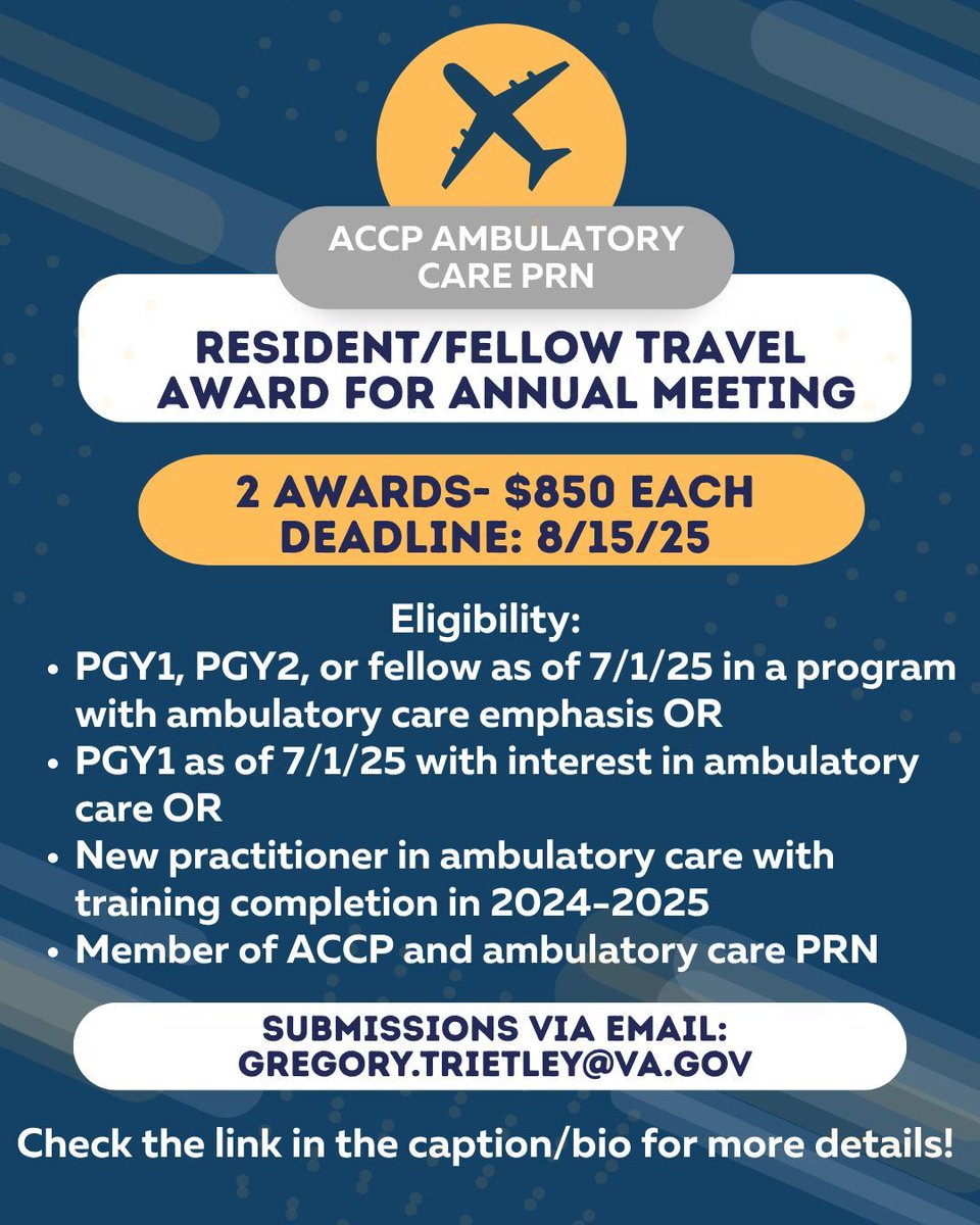 Are you a resident or fellow or recent resident/fellow hoping to attend the annual ACCP meeting in Minneapolis but hoping to save on expenses? You might qualify for a travel award! See further details in link: buff.ly/GhjIyTT  #accp #ambuPRN