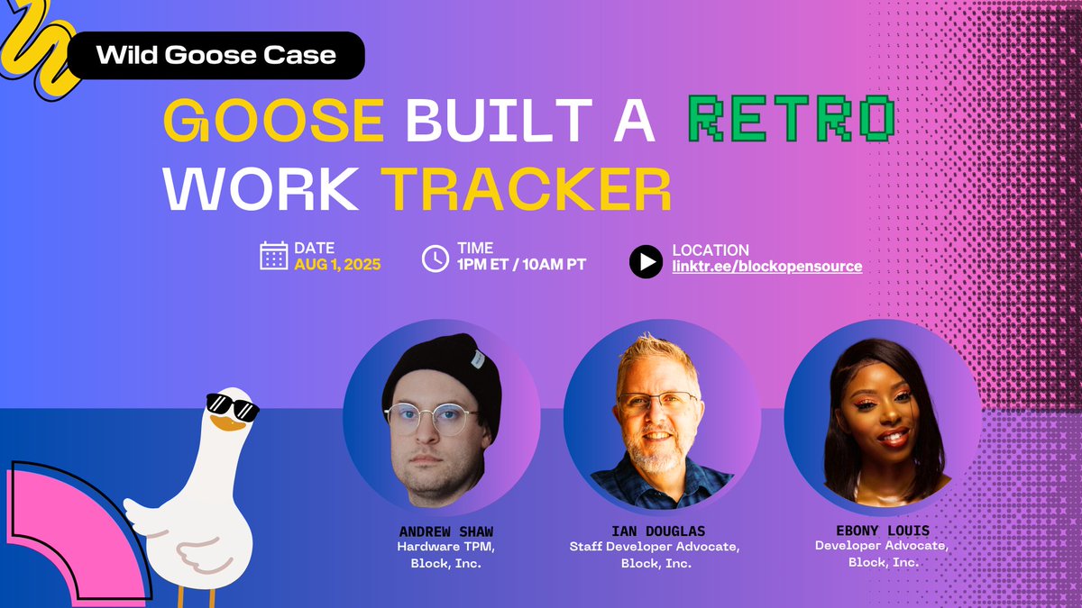w. ian douglas π¨π¦πΊπΈπ₯ποΈ (@iandouglas736) on Twitter photo Come hang out Friday 10amPT/1pmET to see how Goose made an incredible "retro" terminal work tracker for productivity that scores your focus, productivity, and context switching!
linktr.ee/blockopensource Come hang out Friday 10amPT/1pmET to see how Goose made an incredible "retro" terminal work tracker for productivity that scores your focus, productivity, and context switching!
linktr.ee/blockopensource