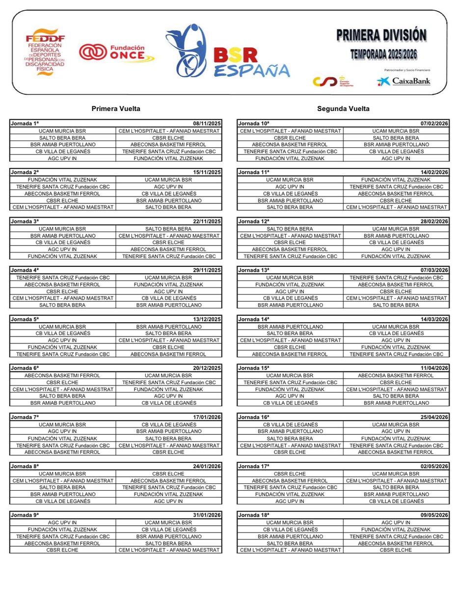 📣 𝑂𝐹𝐼𝐶𝐼𝐴𝐿 🏀 

La Primera División <a href="/Fundacion_ONCE/">Fundación ONCE</a> 25-26 comenzará el próximo 8 de noviembre y se extenderá hasta mayo de 2026 🗓️ 

Consulta el calendario, aquí 👇🏻

#BSREspaña 🇪🇸 <a href="/FEDEDDF/">FEDDF</a> | <a href="/Paralimpicos/">Comité Paralímpico Español</a> | <a href="/deportegob/">CSD</a> | <a href="/caixabank/">CaixaBank</a>