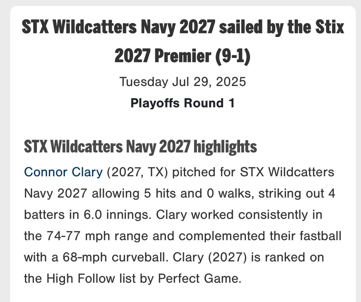 <a href="/ClaryConnor18/">Connor Clary</a> pitched a complete game (six innings) in a 9-1 win.  Looked good the entire time. NO walks and three 76% strikes. Next up, Texas Twelve Maroon, the #1 seed, for a shot at the semifinals.