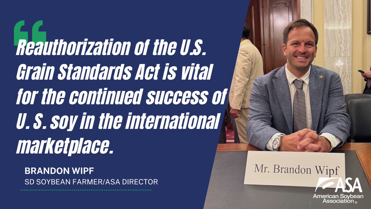 ASA_Soybeans's tweet photo. Brandon Wipf, ASA director &amp; #soybean #farmer from Huron, SD, testified today before the Senate Ag Committee during a hearing on reauthorization of the U.S. Grain Standards Act. Learn more: https://t.co/ox0GAZBzYq 

#AgPolicy #Soybeans #Farmers #Exports #GrainStandardsAct https://t.co/Pw9iODBVA7