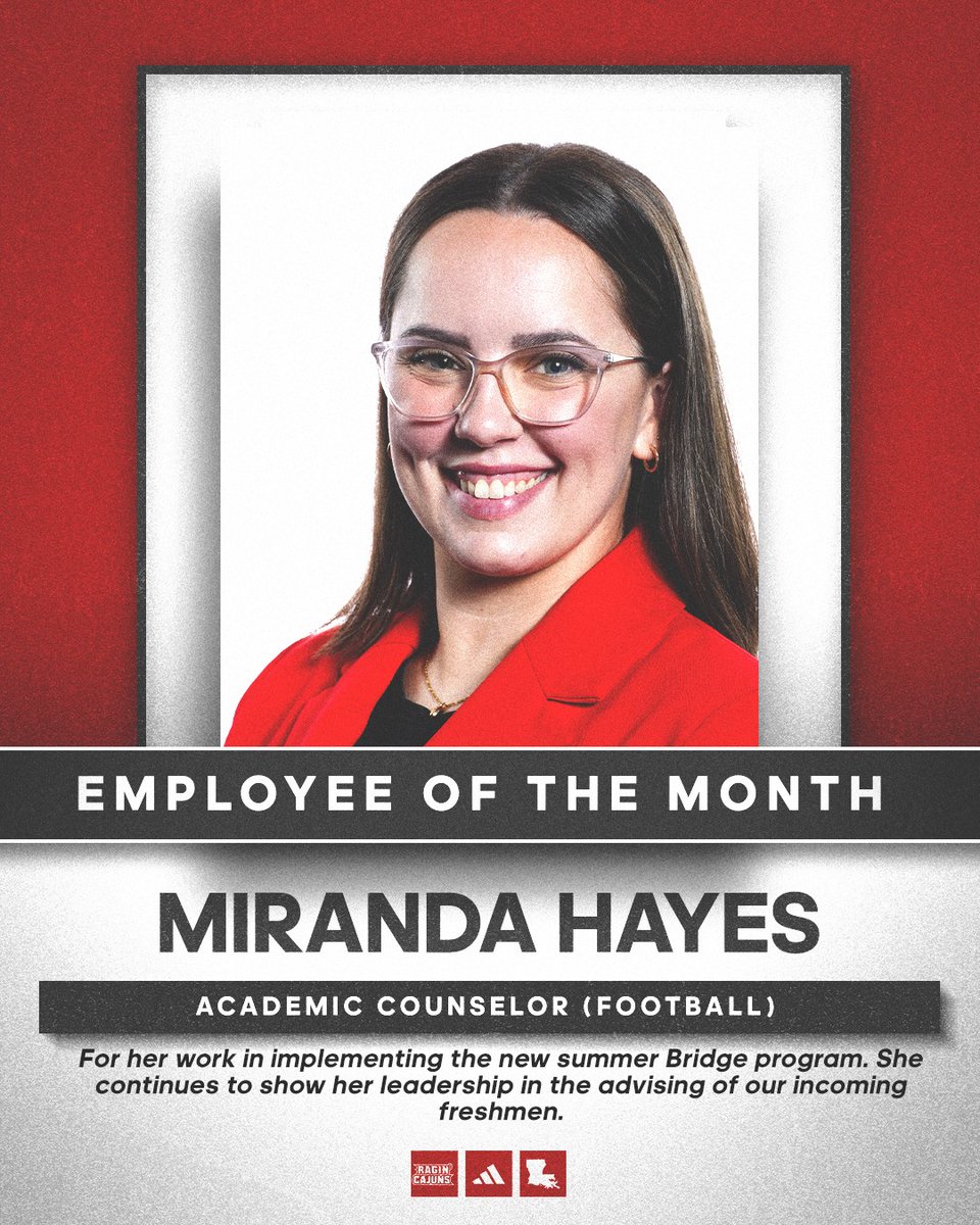 𝘾𝙤𝙣𝙜𝙧𝙖𝙩𝙪𝙡𝙖𝙩𝙞𝙤𝙣𝙨 to Academic Counselor Miranda Hayes on being named our Louisiana Athletics Employee of the Month! 🤟

#GeauxCajuns