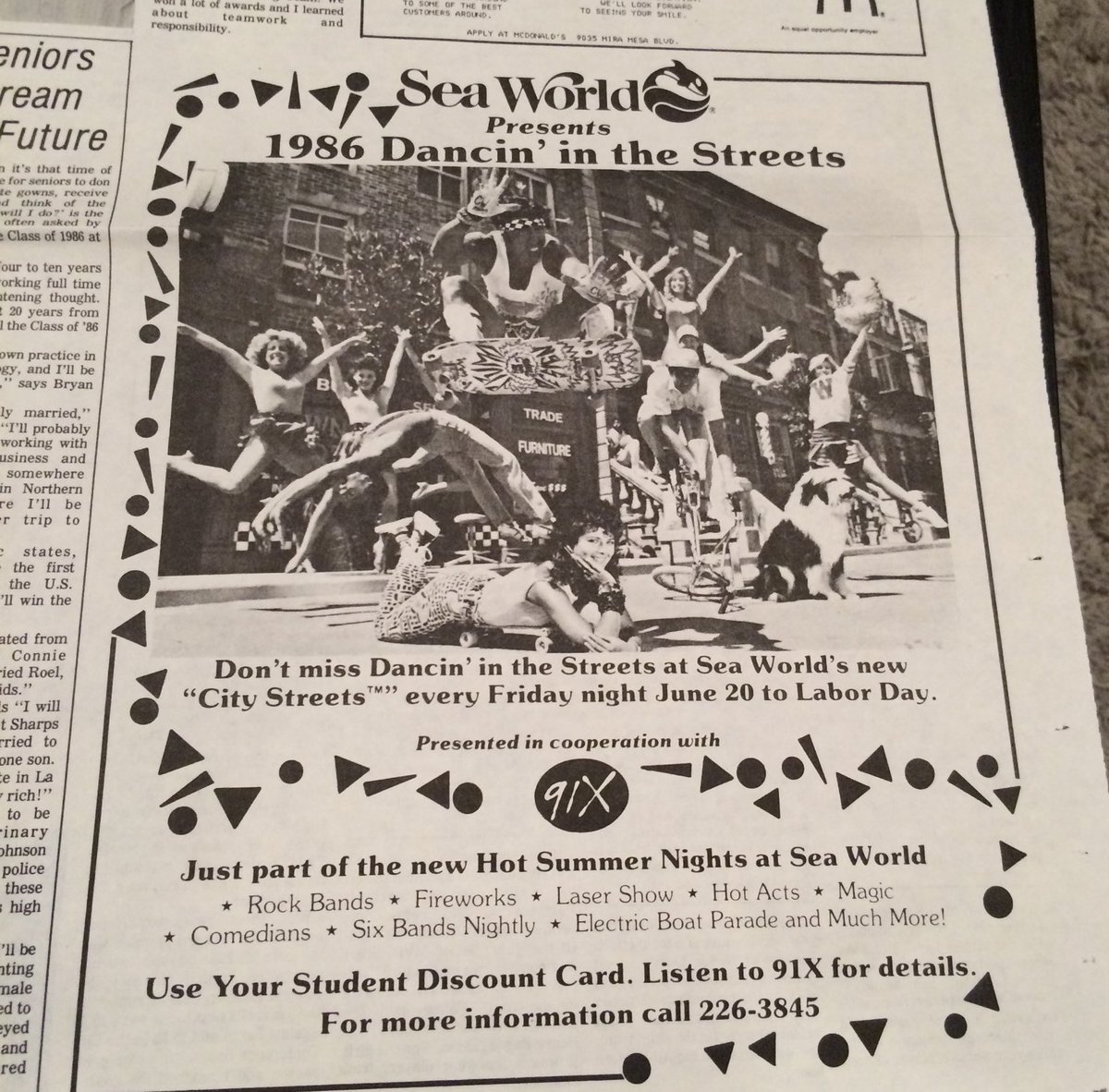 91X hot summer nights ⁦<a href="/SeaWorld/">SeaWorld</a>⁩ circa 1986! were you “dancin’ in the streets” with us? 😂🖤🕺🏽