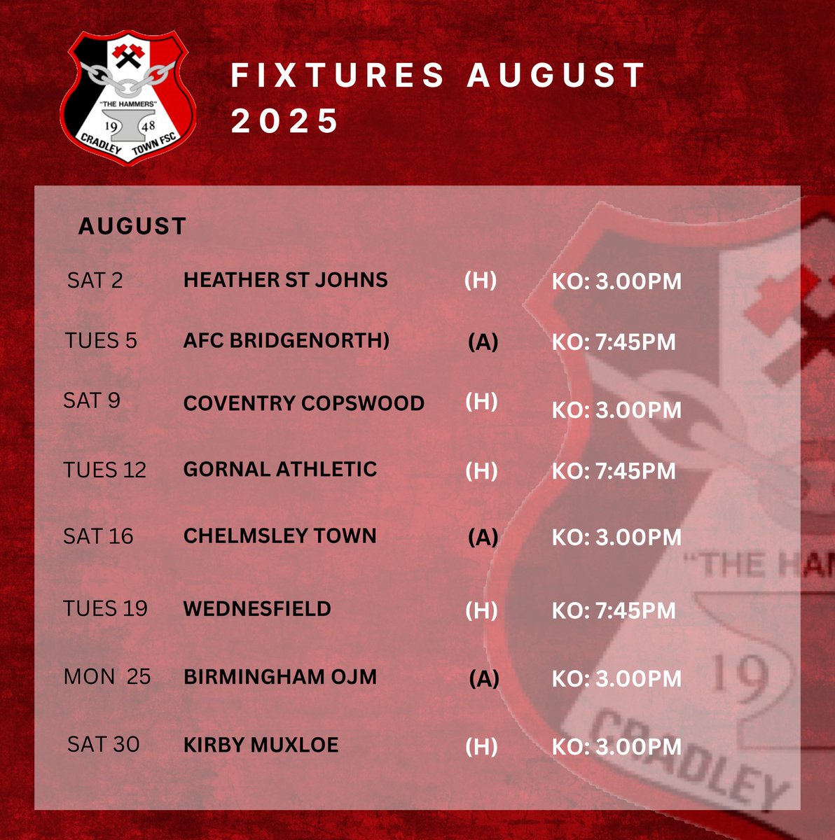 CradleyTown_FC's tweet photo. August Fixtures! 
Busy month ahead for the team! 

#upthehammers https://t.co/Uke24YkE6i