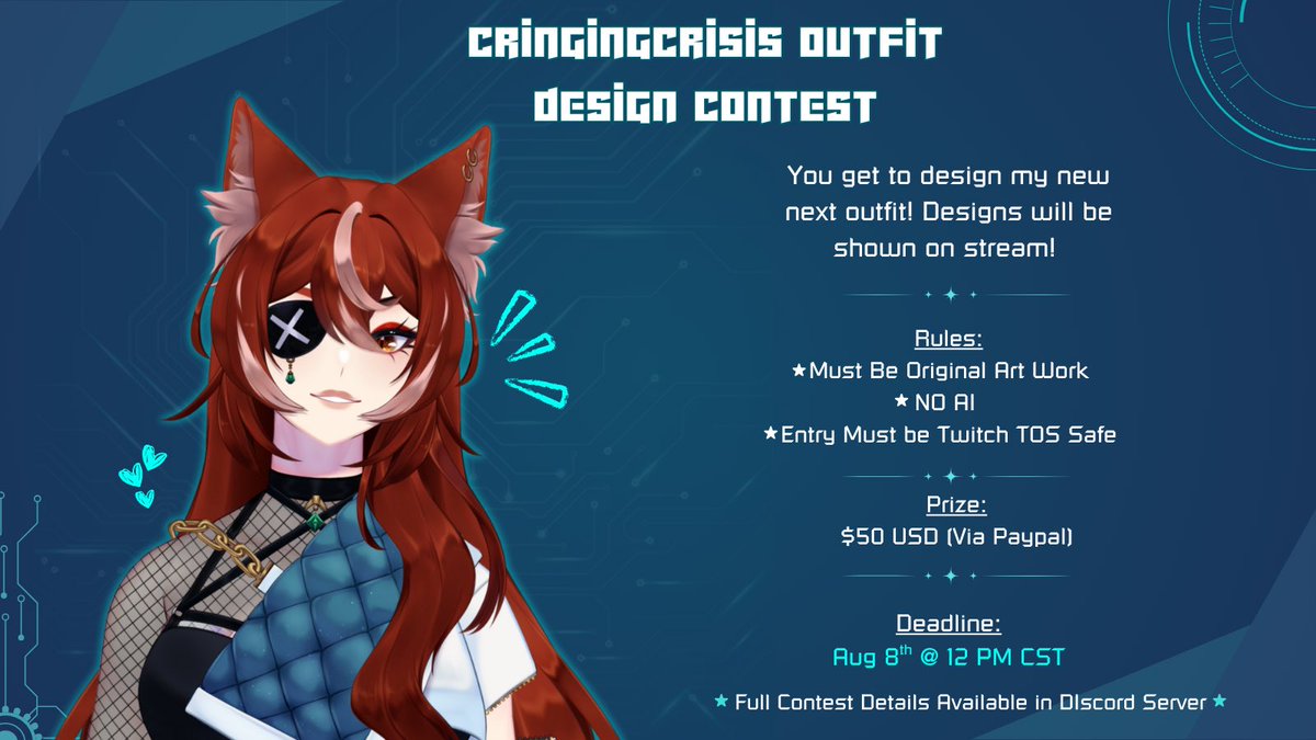 🦊 OUTFIT DESIGN CONTEST ANNOUNCEMENT  🦊

As promised, I am hosting an Outfit Design Contest where chat gets to design a new outfit for my tuber model.

We will be deciding the winner LIVE on stream! 

Everything will be done via discord server which I’ll link below in the