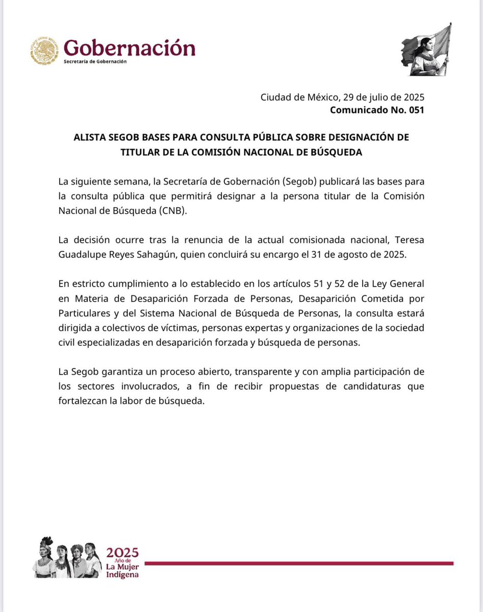 🔴#ÚLTIMAHORA | Renuncia la comisionada nacional de búsqueda, Teresa Guadalupe Reyes Sahagún 

Tras la renuncia de Reyes Sahagún, quien dejará el cargo el 31 de agosto, Gobernación publicará la próxima semana las bases para recibir propuestas de víctimas, expertos y sociedad