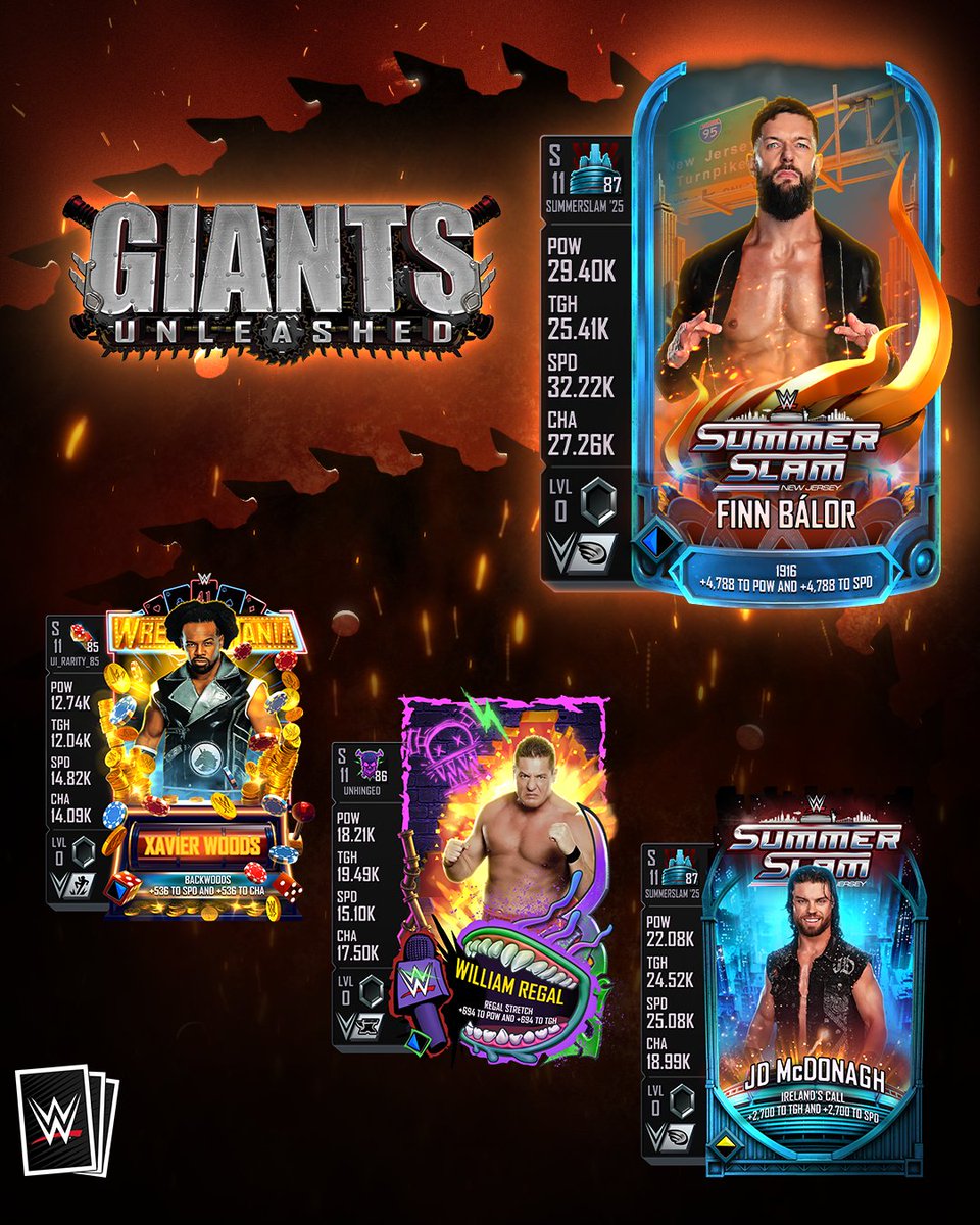 WWESuperCard's tweet photo. Giants Unleashed this week ft. Community-Elected Finn Balor. SummerSlam '25 Rarity comes tomorrow. https://t.co/YMDyfU92kl