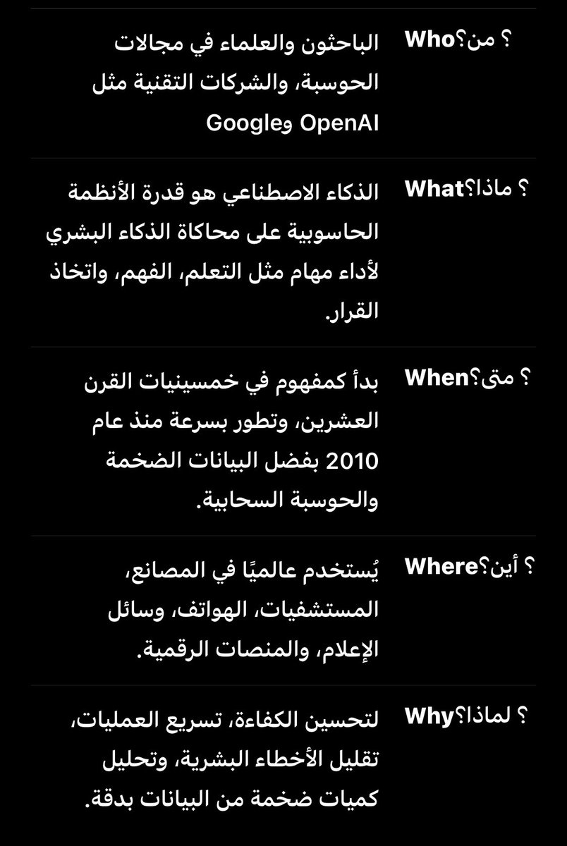 🧠📊 جدول فايف دبليو (5W) يشرح الذكاء الاصطناعي بطريقة مبسطة:
من طوره؟ ما هو؟ متى بدأ؟ أين يُستخدم؟ ولماذا هو مهم؟
تعرف على أساسيات الذكاء الاصطناعي بخطوات سهلة وواضحة!
#الذكاء_الاصطناعي #تعلم_ذاتياً #AI #5W