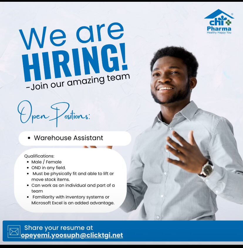 JobsHubs's tweet photo. We are Hiring! 📢
CHI Pharmaceuticals Limited (A TGI Group Company) is looking for passionate and dedicated professionals to join our team:
❇️ Logistics Coordinator
❇️ Warehouse Assistant (OND, 1–2 years' experience)

📩 Apply now
#Hiring #Logistics #Warehouse #CareerOpportunity https://t.co/gGTFZC8AXi