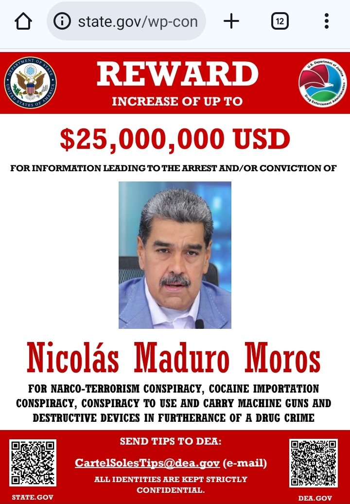 Et comme le monde n'était pas encore suffisamment fou, les USA viennent de mettre $25M  sur la tête de Nicolas Maduro.
Les mêmes USA qui ont blanchi Sirajuddin Haqqani et Al Jolani. 
Les mêmes USA qui ont détruit l'Irak, la Libye, le Soudan... et observent les massacres à Gaza