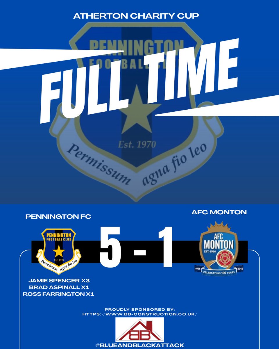 pennington_fc's tweet photo. Full time as we progress to the next stage of the Atherton Charity Cup!
All eyes on the league season now👀🔵⚫️
#ExtraTimeBar 
#blueandblackattack https://t.co/g5THYgiXtJ