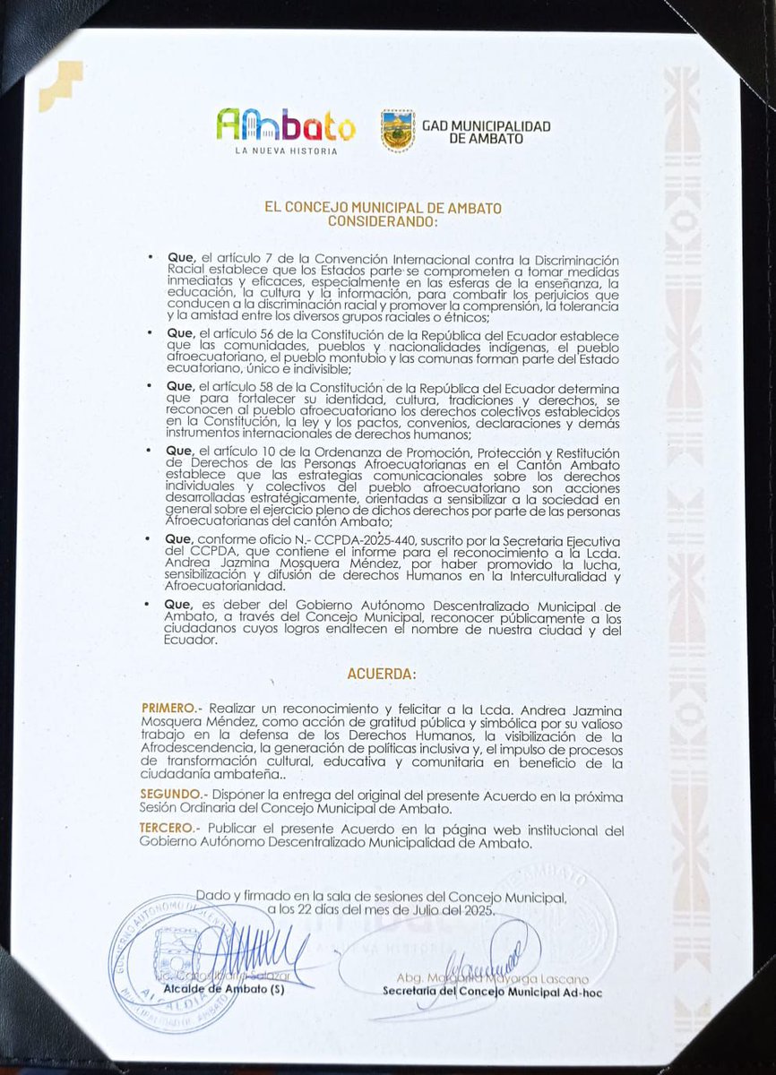 LeoMosquera10's tweet photo. Gracias Alcaldesa
 @DianaCaiza2023 por reconocer a @AndreJazz91
 como acción de gratitud pública y simbólica por su valioso trabajo en defensa de los Derechos Humanos, visibilización de la Afrodescendencia, el impulso de procesos de transformación cultural y educativa @gadambato https://t.co/Qyw9sTiHlc