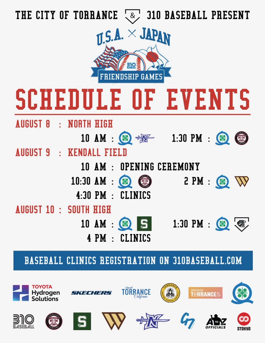 Join us this weekend as all the Torrance high schools come together to welcome and compete against the boys from Japan! It’s going to be a fun-filled couple of days with great baseball, new friendships, and lasting connections between players, coaches, and our Torrance community.