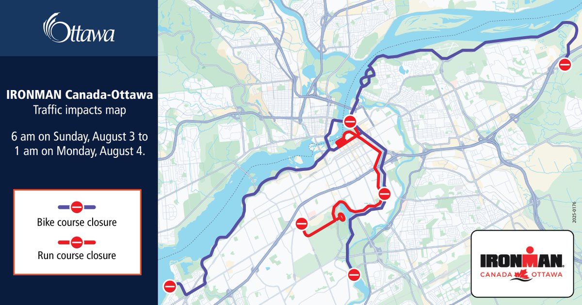 Updated map! 

IRONMAN is racing through Ottawa on Sunday, August 3!

Expect traffic impacts as #OttCity’s streets transform into a racecourse. Avoid delays by planning ahead and giving yourself extra time for your travels.

For more info: bit.ly/477gcbP
