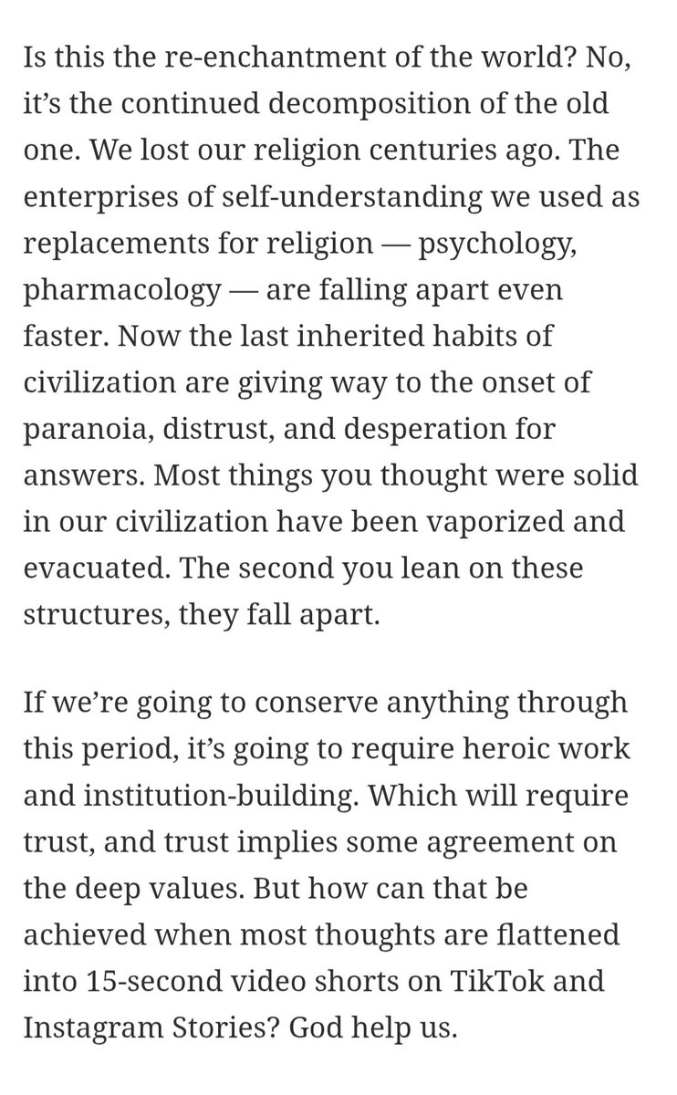 A short but correct and terrifying article. FWIW the desperate need to build new institutions is what keeps me in crypto, counterintuitive though it may seem. As truth further disintegrates, verifiable proofs will be the only ground upon which we can build.