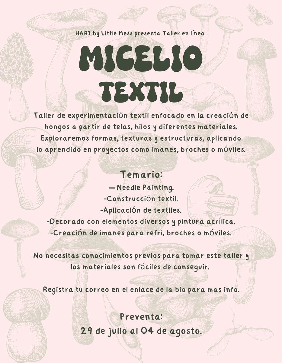 Hoy comienza la preventa para el taller de Agosto, estará muy bonito y podrán crear imanes de refri, móviles, broches o guirnaldas de diferentes hongos y que emociooonn, registren su correo en el enlace de mi bio para más info, les tqm 🍄✨🪡
Se agradecen los RT ✨