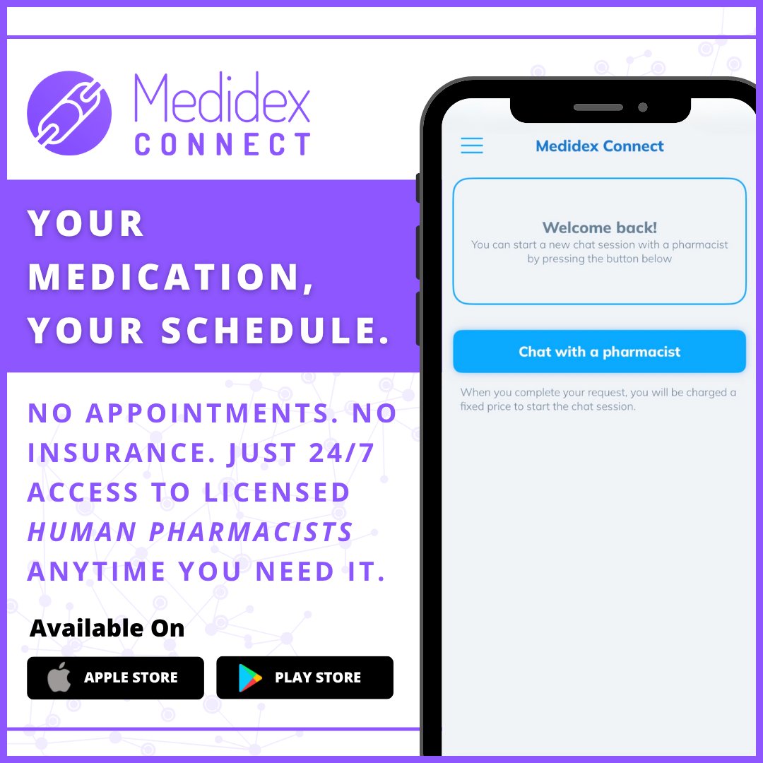 theMedidex's tweet photo. Skip the insurance, skip the appointment, skip the stress. Medidex Connect puts licensed Human Pharmacists in your pocket day or night. 🔄🩺 Because your health should move with your life. Chat now at https://t.co/JwCBqpN1MR. #YourHealthYourWay #MedidexConnect #PharmacySupport https://t.co/Tu6p9fDB6m