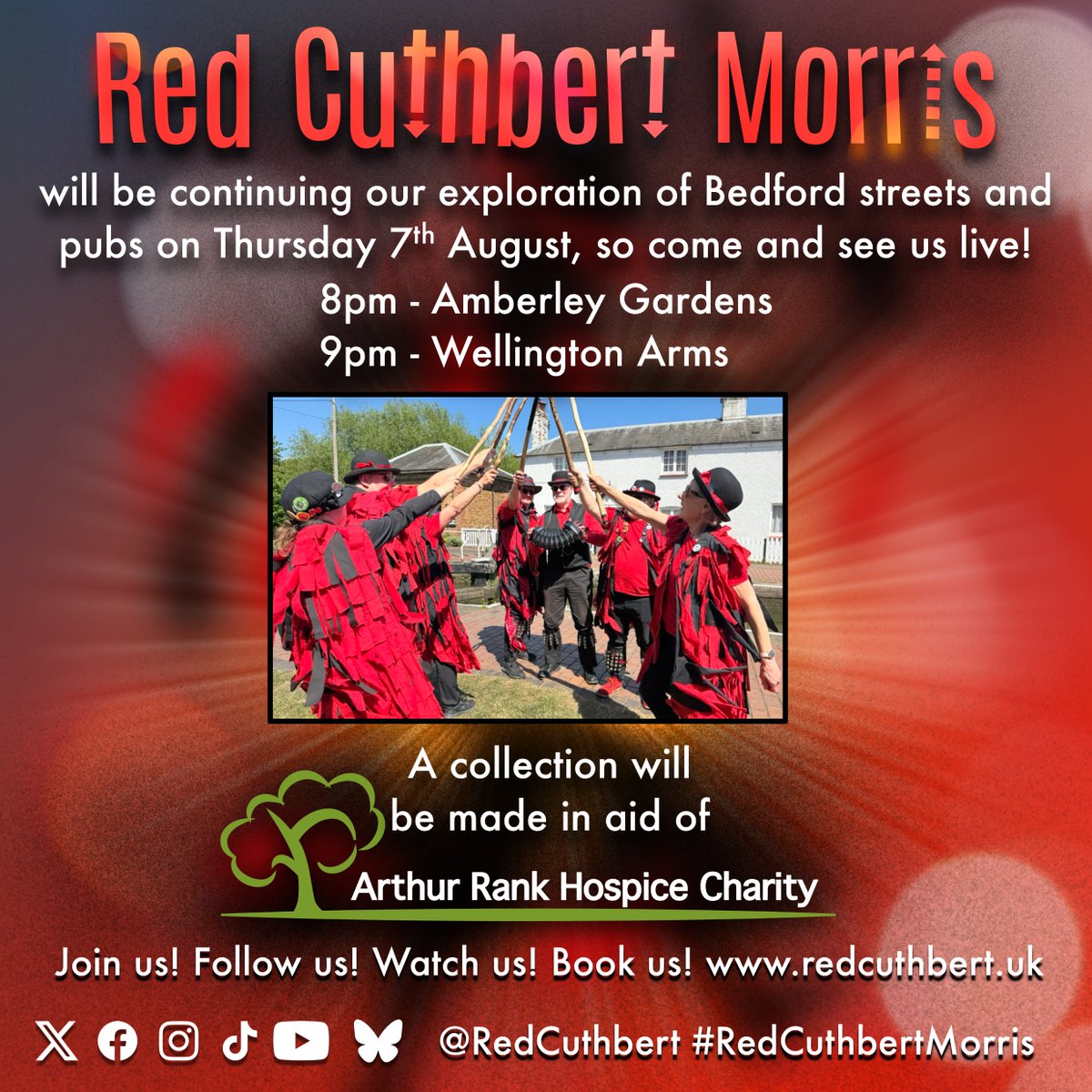 This year we’ve started touring Bedford, looking to try out new dancing spots each month.

For August we will be performing in Amberley Gardens at 8pm, then on to the Wellington Arms for 9pm.

A collection will be made in aid of The Arthur Rank Hospice Charity.

Come and see us!