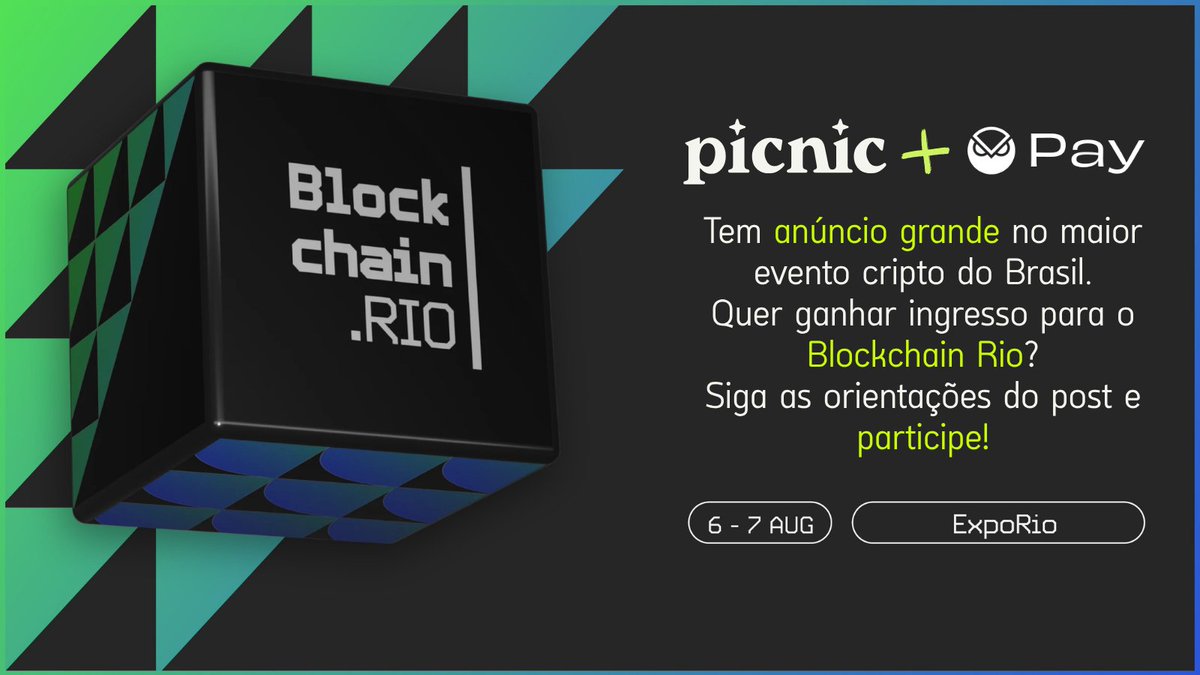 usePicnicBR's tweet photo. 🚨 Grandes novidades no maior evento do Brasil!

🧺🦉 @usePicnic e @gnosispay estarão no @blockchain_rio. E você pode estar lá com a gente! 🎟️

👉 Curte, RT e comenta:
📌 Por que você merece descobrir o super anúncio do Picnic antes de todo mundo?

🎁 As melhores respostas levam um ingresso. E se você for OG, leva em dobro.

📅 6–7 AGO | ExpoRio
💚 Vamos nessa? #BlockchainRio #Picnic