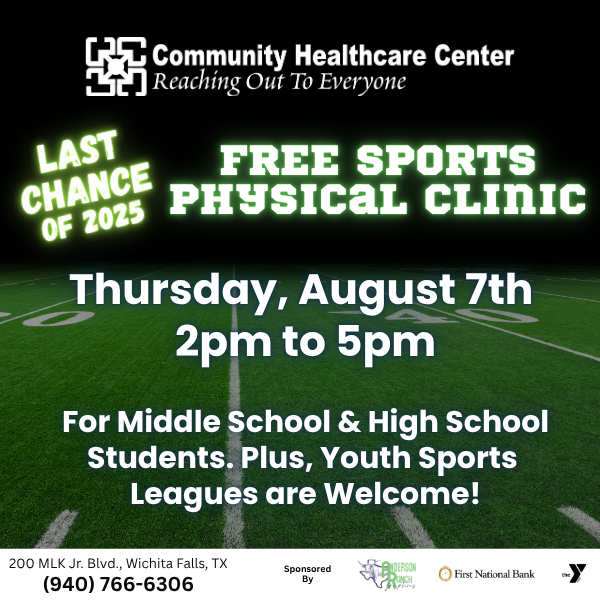 FREE Sports Physical Clinic on Thursday, August 7th 2:00 PM – 5:00 PM at Community Healthcare Center, 200 MLK Jr. Blvd., Wichita Falls, TX. FREE to all Middle School &amp; High School students – including youth sports league participants! More Info: chcwf.com/free-sports-ph…