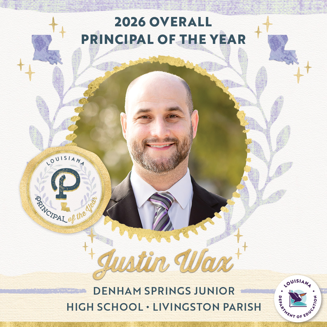 The 2026 Louisiana Principal of the Year is Justin Wax from Livingston Parish! This Denham Springs Junior High principal has earned state and national recognition, with features from the U.S. News &amp; World Report's Best Middle School List. #laed #lagov ow.ly/9TYf50Ww3iP