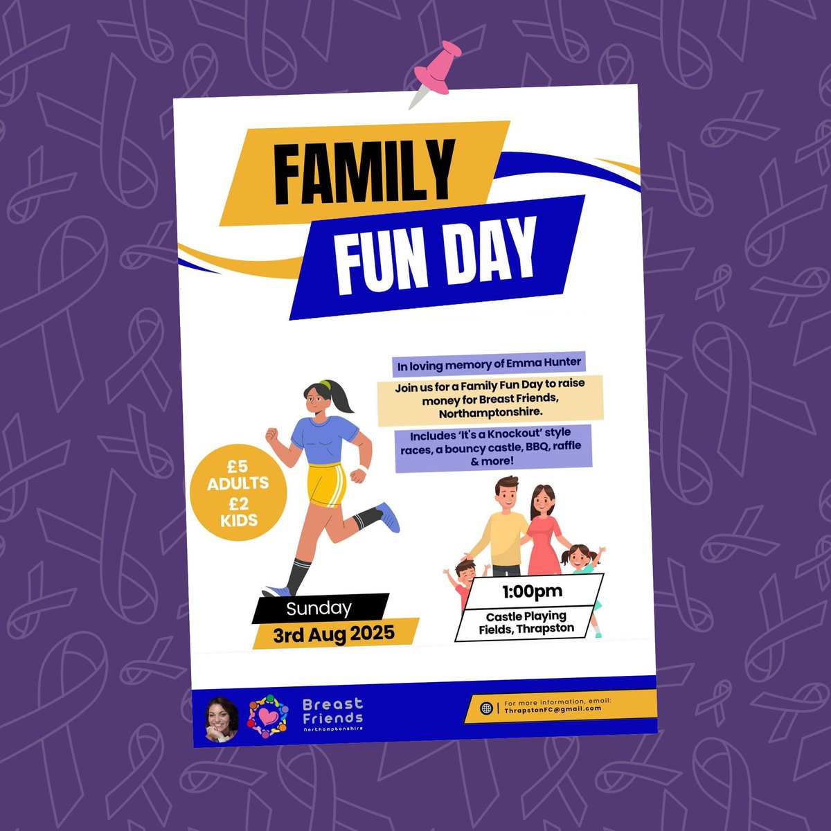 This Sunday, Thrapston Venturas FC are hosting the annual #FamilyFunDay! 

Held in loving memory of Emma Hunter, all funds raised will go to support Breast Friends Northamptonshire.

🕐 Sunday 3rd August at 1:00pm
📍 Castle Playing Fields, Thrapston
🎟️ Tickets: £5 adults £2 kids