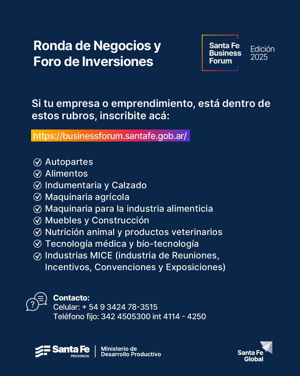Llega la 2.ª edición del #SantaFeBusinessForum

Un evento internacional único organizado por el Gobierno de la Provincia de #SantaFe, pensado para empresarios, pymes y emprendedores que buscan exportar, escalar e invertir.

📍 Del 1 al 5 de septiembre en #Rosario, viví cinco días