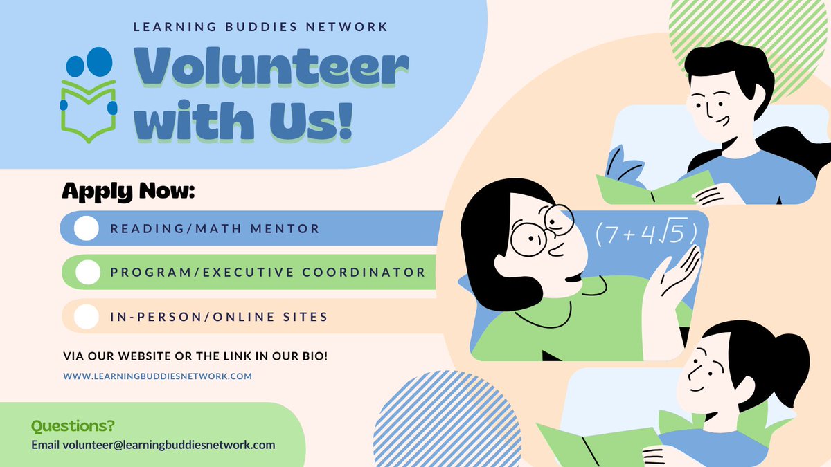 🌟Volunteer with Learning Buddies Network, and join our mission of fostering literacy and numeracy skills in young children in need of extra support!

⭐ Programs are offered both in-person or online. Apply here: learningbuddiesnetwork.com/mentor-applica….

#learningbuddiesnetwork #lbn