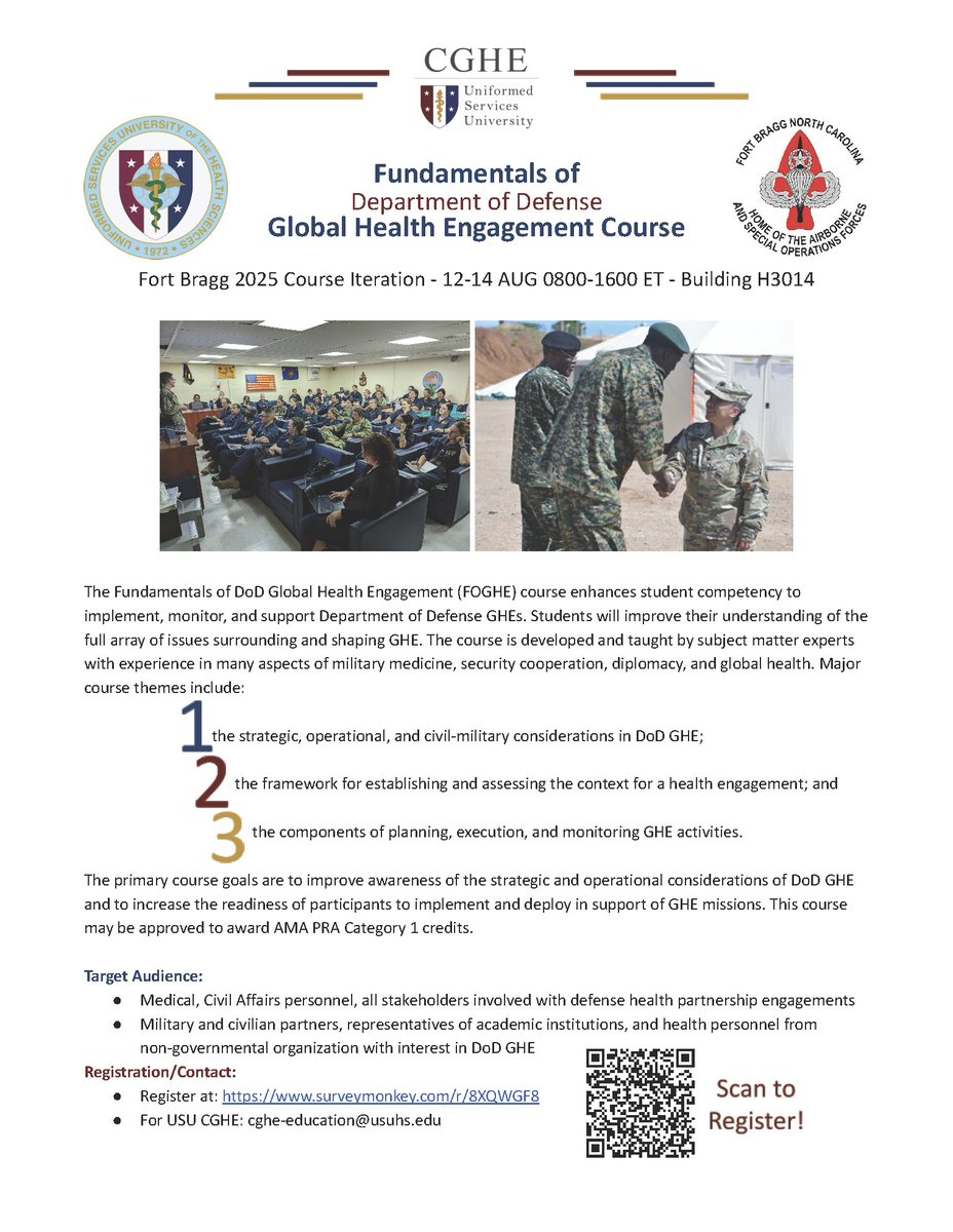 theCGHE's tweet photo. 📣 Ready to deepen your understanding of DoD GHE? Join us for the Fundamentals of DoD GHE (FOGHE) Course!

📍 Fort Bragg, NC
📅 12–14 AUG 2025 | 0800–1600 daily | In-person only 

📌 RSVP by 08 AUG 2025: https://t.co/RVDDrPz6Hj
📧 Questions? Contact: cghe-education@usuhs.edu https://t.co/I3MarpU36R