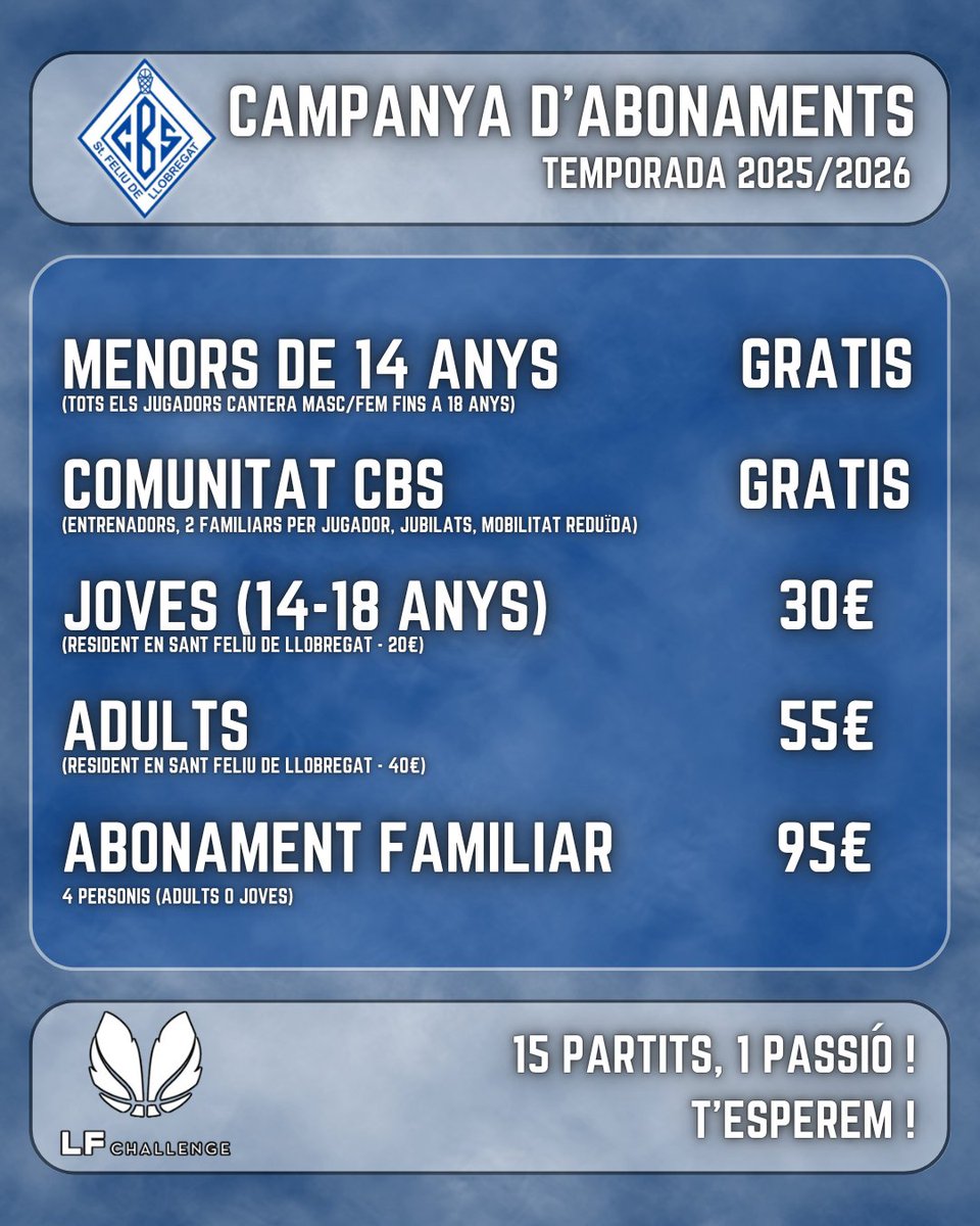 cbsantfeliuenc's tweet image. 🎟️🔵Omplim les grades junts! Abona’t al CBS!🏀🔥
💪 15 partits emocionants t’esperen a casa! Sigues el jugador 6 i ajuda’ns a portar el CBS al més alt nivell.
📋 Omple el formulari al nostre perfil i aconsegueix el teu abonament!
Força Santfe! 💙
#CBSantfeliuenc #Abonaments