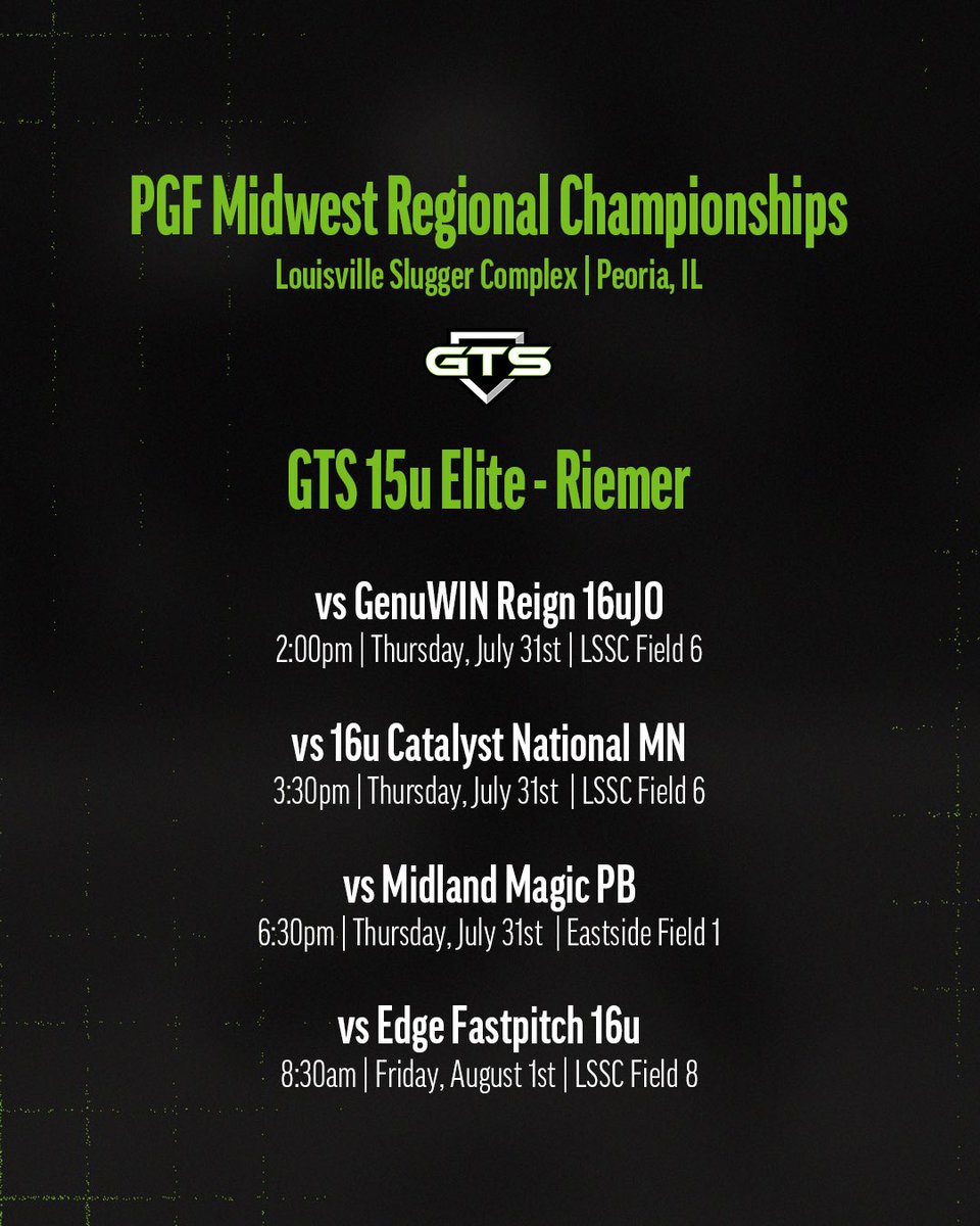 This weekend July 31-August 3, my team and I will be heading down to Peoria, IL for the PGF Regional Championships! Below is my schedule, come say hi and I hope to see you there!! <a href="/GTS15uElite/">GTS 15u Elite - Riemer</a> <a href="/GTSBBSB/">GTS</a> <a href="/BadgerHealy/">BadgerCoachHealy</a> <a href="/lizjagielski/">Elizabeth Jagielski</a> <a href="/UKCoachLawson/">Rachel Lawson</a> <a href="/coachsamkorn/">Sam Korn</a>
