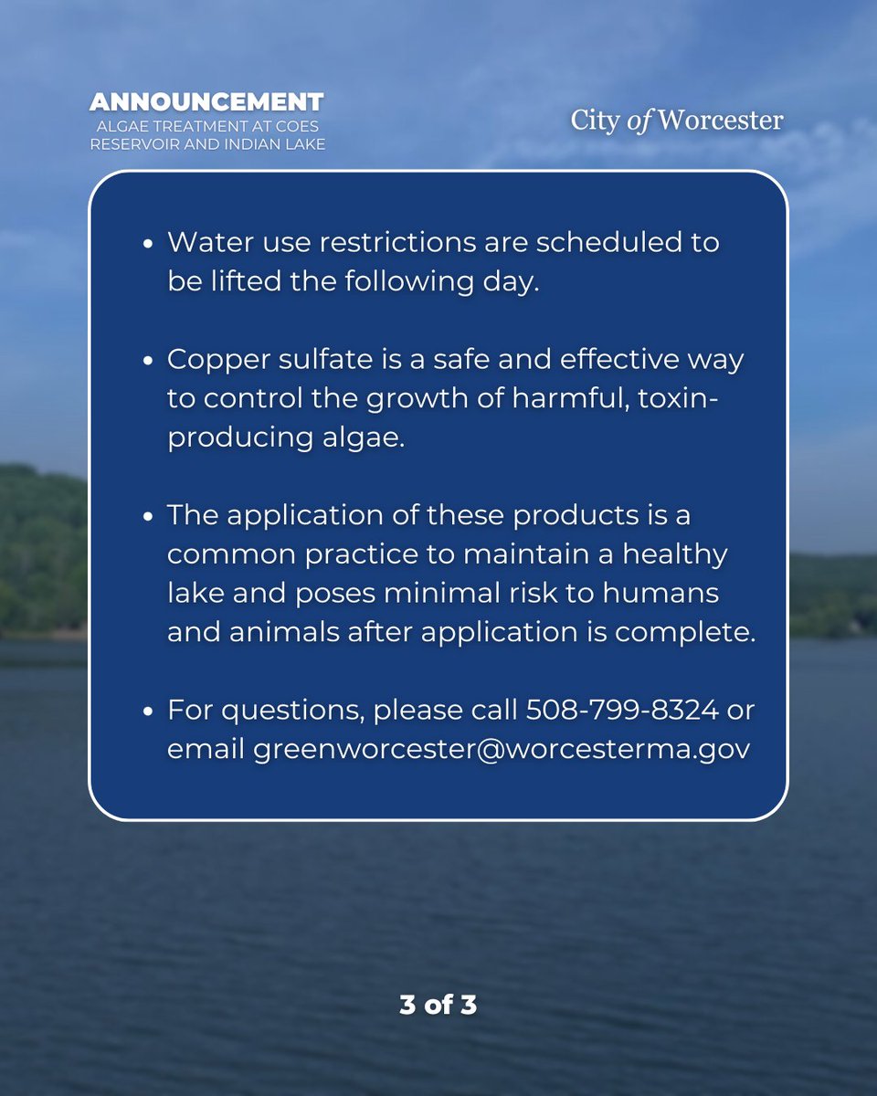 The City’s Department of Sustainability and Resilience has hired contractors to apply a treatment of the algaecide copper sulfate to Coes Reservoir and Indian Lake on Thursday, July 31.

(1/4)