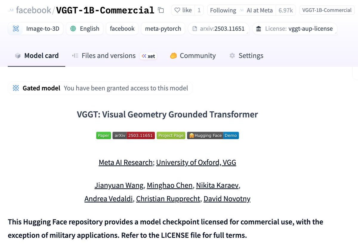 VGGT has been re-licensed to allow commercial usage. Enjoy the gift 😉😇

👉 huggingface.co/facebook/VGGT-…
