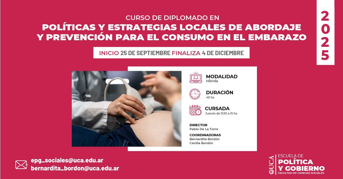 EPG_UCA's tweet image. Diplomado en Políticas y Estrategias Locales de Abordaje y Prevención para el Consumo en el Embarazo
🗓 Inicio: 25 de septiembre 
📍 Modalidad: Híbrida
🕒 Jueves de 9:30 a 15 h 

👉 uca.edu.ar/es/cursos-de-e…
📧 Consultas: bernardita_bordon@uca.edu.ar

#ConsumoEnElEmbarazo #Gestion