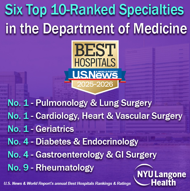 NYU Department of Medicine (@nyulh_deptofmed) on Twitter photo We’re proud to share that the Department of Medicine is home to six top-10 ranked specialties in the U.S., according to <a href="/usnews/">U.S. News & World Report</a> 2025-2026 “Best Hospitals” rankings, released today! Congratulations to our faculty, house staff, & staff across the department whose dedication to We’re proud to share that the Department of Medicine is home to six top-10 ranked specialties in the U.S., according to <a href="/usnews/">U.S. News & World Report</a> 2025-2026 “Best Hospitals” rankings, released today! Congratulations to our faculty, house staff, & staff across the department whose dedication to