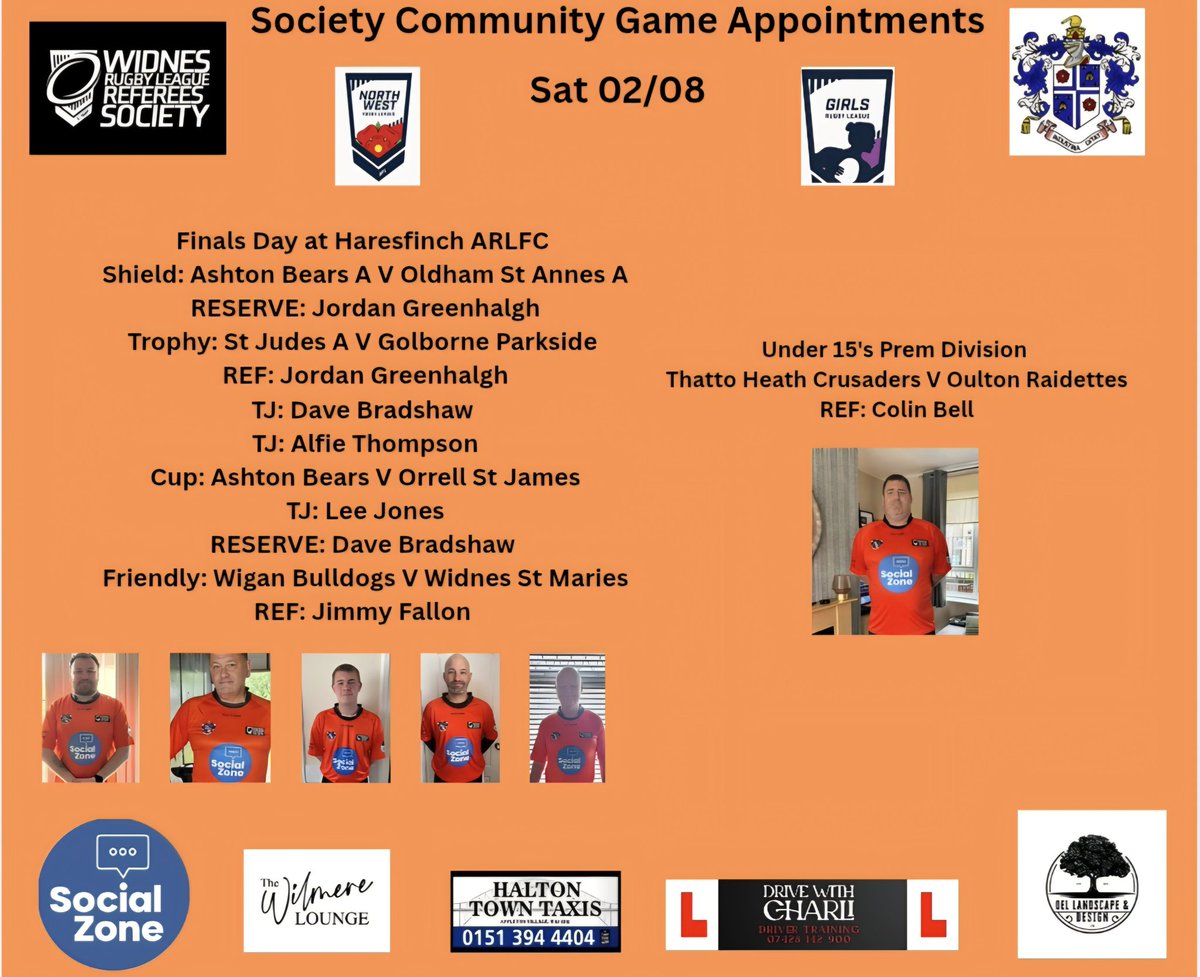 Society Community Appointments Sat 02/08, Congratulations to the 4 Members Appointed to the NWML Finals Day at Haresfinch ARLFC this Saturday, enjoy the day folks!!