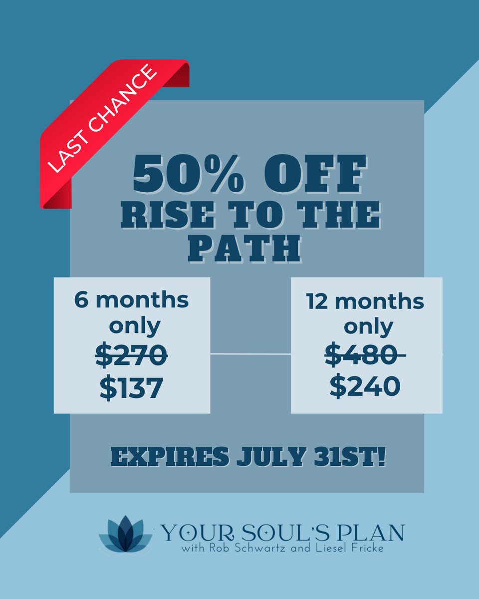Don't miss out! Our 50% off summer Rise to the Path offer for 6-month and 12-month memberships ends on July 31st! 

Learn more and sign up here: yoursoulsplan.com/rise-to-the-pa…

New members only! 🌞🎉