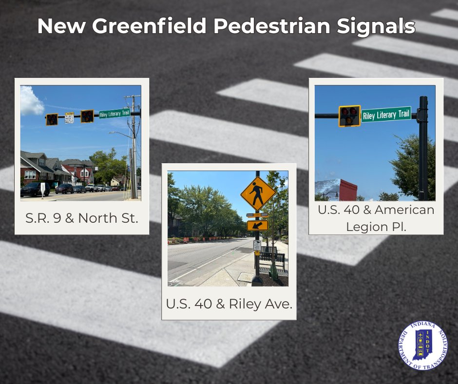 Walking downtown Greenfield just got easier.

Have you noticed the new pedestrian crossing signs around the Riley Literary Trail? Crews will be adding crosswalks on the roadways this week, so keep an eye out for workers!