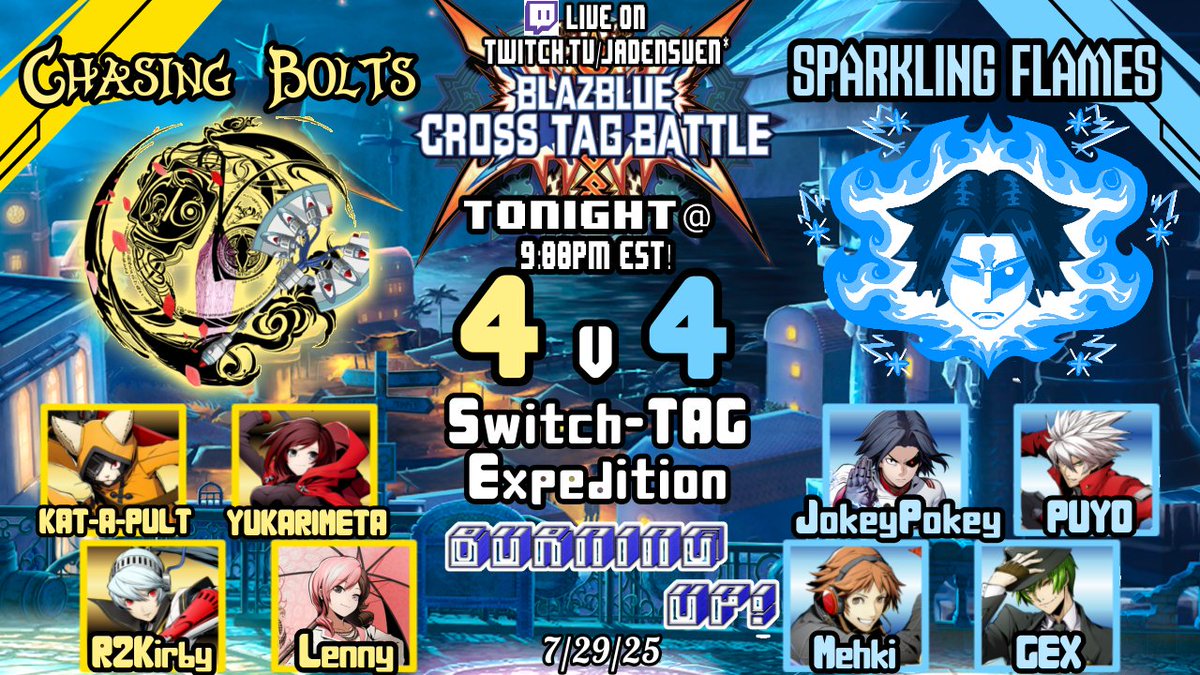 Once again, team battle action hits your stream feeds tonight! As @PocketsCrossing's "Chasing Bolts" take on JokeyPokey's "Sparkling Flames"! Stream starts @ 9PM! 

And you can catch the action on: twitch.tv/jadensven

#bbtag #NintendoSwitchOnline #blazblue #twitch #team