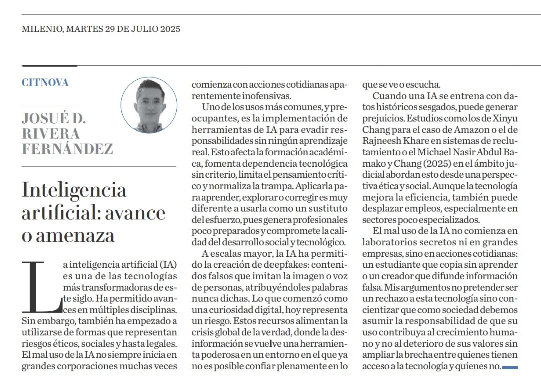 CITNOVA's tweet photo. #EspacioCITNOVA
📄📰
🔵 Inteligencia artificial: Avance o amenaza.
✍️🏻Por: Dr. Josué D. Rivera Fernández, de la Unidad Profesional Interdisciplinaria de Ingeniería Campus Hidalgo @IPN_MX #UPIIH
Versión digital 📲 https://t.co/BbrcIeusOA
Vía: @MilenioHidalgo https://t.co/GwNXrZBUgY