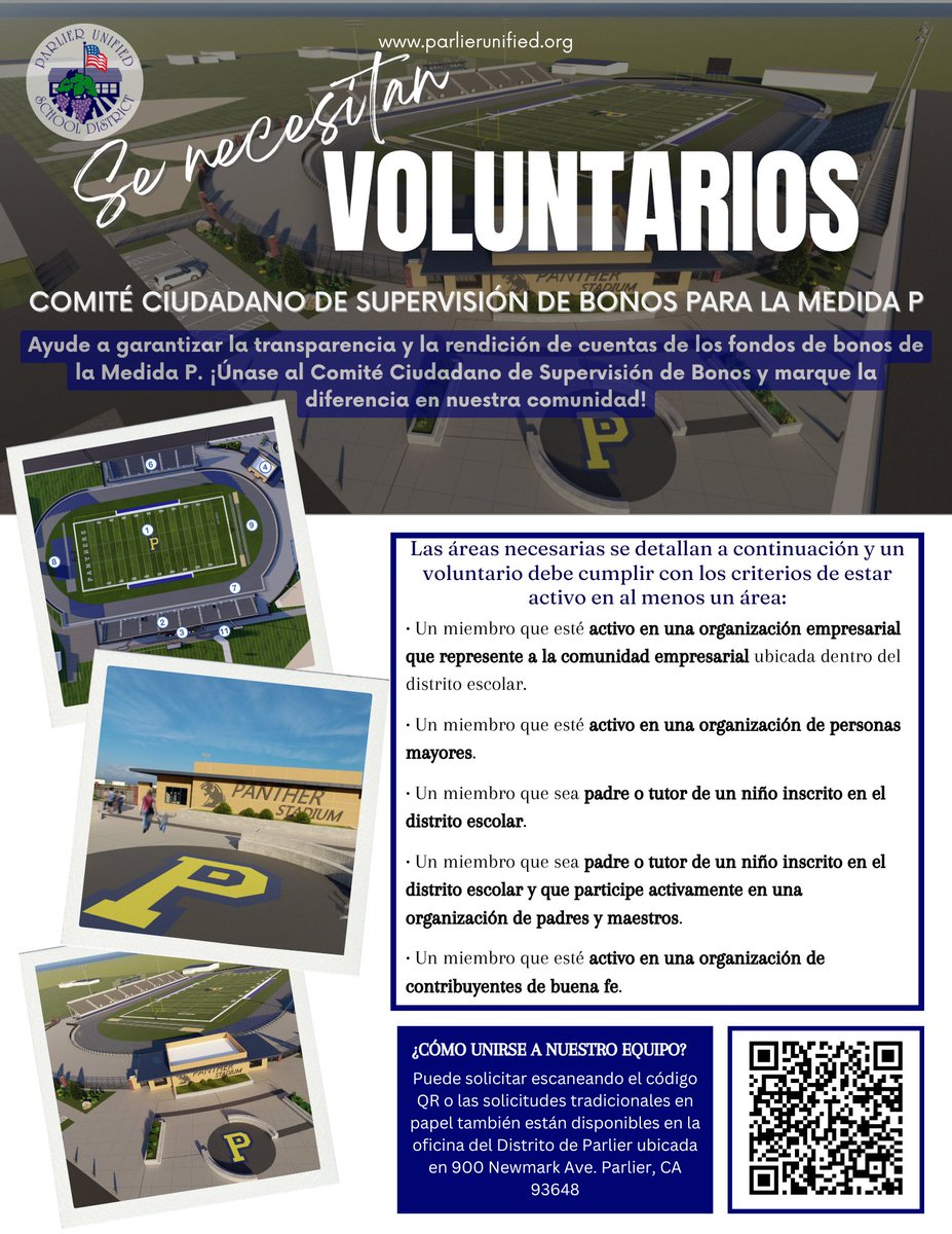 📣 Volunteers Needed! 🛠️ Love the new changes at Parlier Unified? Join the Citizens’ Bond Oversight Committee and help ensure Measure P funds are spent responsibly. Be a voice for your community and help shape our schools! 🏫✨