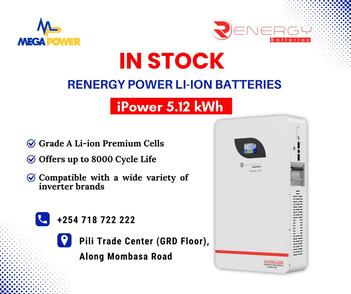 MegapowerGlob's tweet image. More power, less hassle.
The iPower 5.12kWh battery is built for your convenience
✅ Long-lasting backup
#iPower512 #SmartEnergyStorage #RenergyPower #MegaPowerKenya #SolarMadeSimple #ReliableBackup #5kWhBattery #SolarForHomes #EnergyYouCanTrust

For Inquiries
+254 718 722222