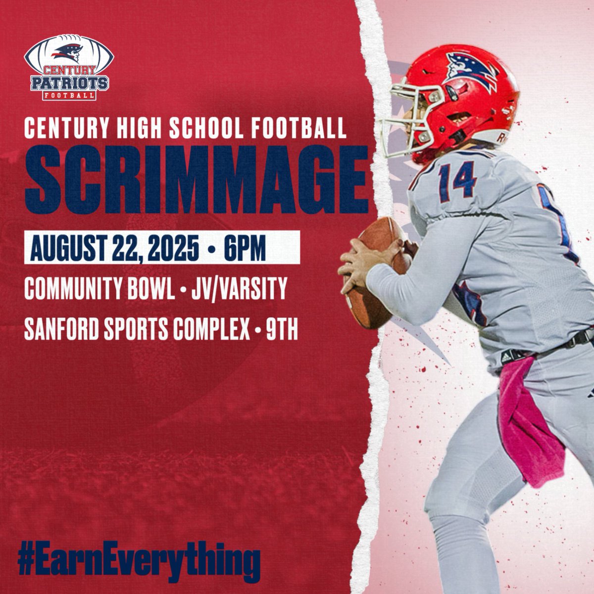 🏈 Game Days are right around the corner - but come grab a season preview at our local scrimmages on Aug. 22 @ 6pm! 

JV/Varsity  @ Community Bowl 
Freshman  @ Sanford Sports Complex (by Legacy)

#RollPats #EarnEverything