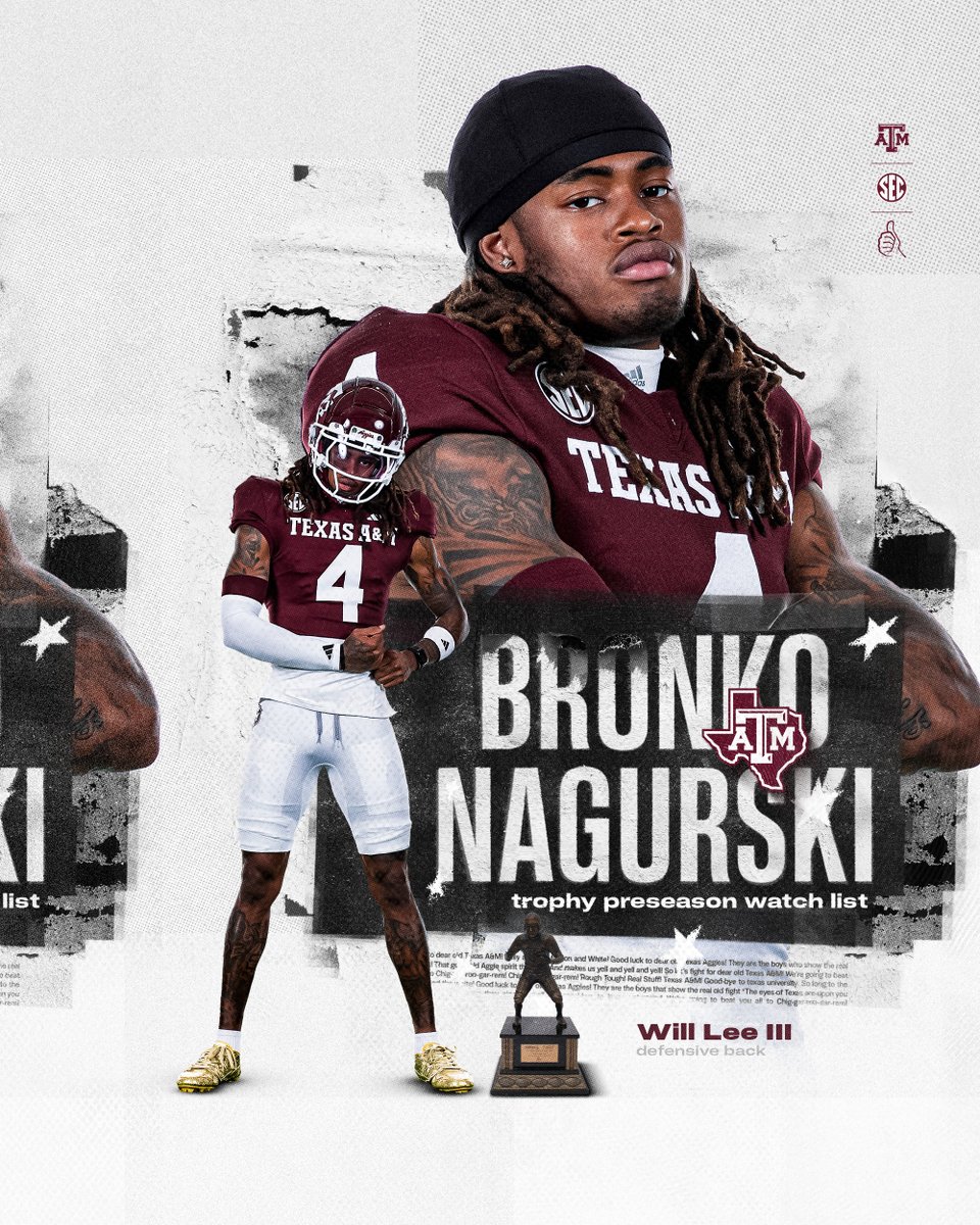 Texas A&M Football (@aggiefootball) on Twitter photo Bronko Nagurski Trophy Watch List 👀
Awarded to the Best Defensive Player in College Football.
#GigEm | <a href="/NagurskiTrophy/">Nagurski Trophy</a> Bronko Nagurski Trophy Watch List 👀
Awarded to the Best Defensive Player in College Football.
#GigEm | <a href="/NagurskiTrophy/">Nagurski Trophy</a>