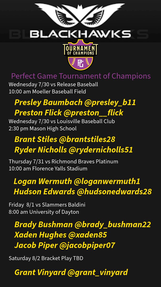 CBC Marucci Blackhawks Ohv 2026 (@cbcohv2026) on Twitter photo Pitching rotation for the <a href="/PG_OhioValley/">Perfect Game Ohio Valley</a> <a href="/PerfectGameUSA/">Perfect Game USA</a> Tournament of Champions this week Pitching rotation for the <a href="/PG_OhioValley/">Perfect Game Ohio Valley</a> <a href="/PerfectGameUSA/">Perfect Game USA</a> Tournament of Champions this week