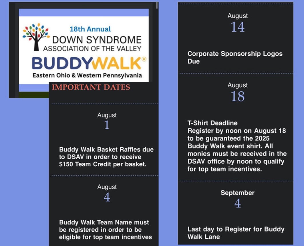 DSAV is thrilled to announce that 45 teams are currently registered for the Buddy Walk! We love to see schools, athletic teams, community groups and businesses register and join the celebration!

Will you join us? 
dsav.org/buddy-walk